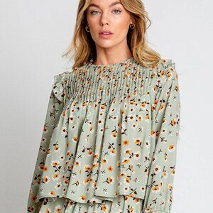Monte Charlotte Top In Chamomile Print Floral Sage Green Women's Small NWT $138